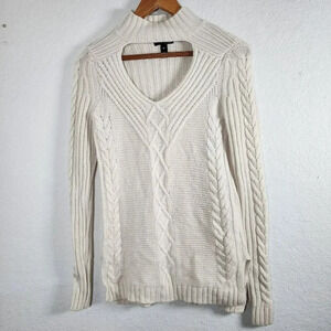 AQUA Sweater Women's S Beige Ribbed Pullover Long Sleeve Crew Neck Open Chest
